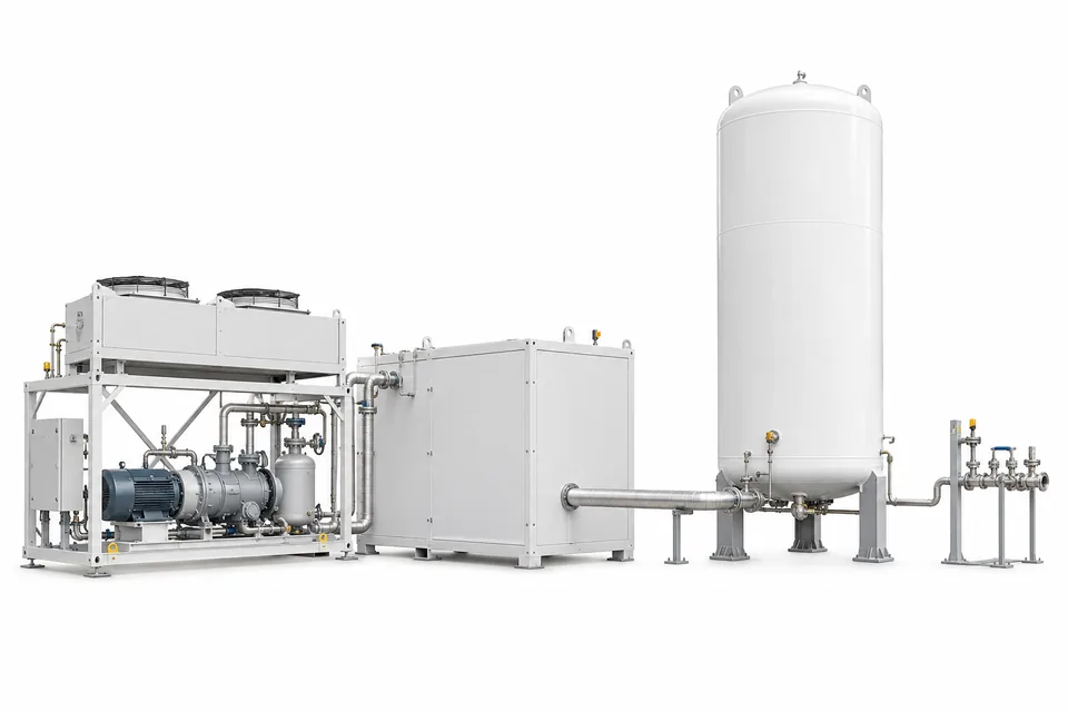 AI-generated illustration of small-scale biomethane liquefaction equipment and cryogenic storage.