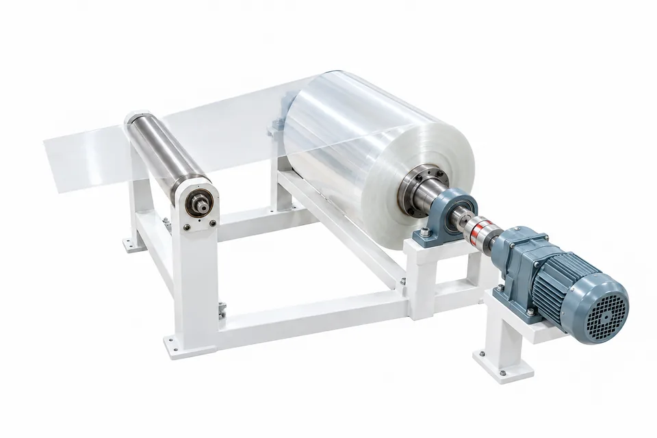 AI-generated illustration of a static film-rewinding assembly with aligned roll, bearing and drive.