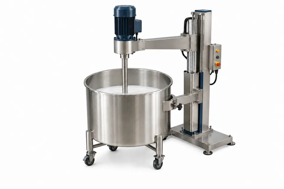 AI-generated illustration of a coating disperser with vessel restraint and space above the liquid.