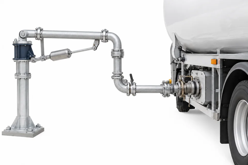 Illustration of an articulated round-pipe loading arm connecting a fixed supply riser to the lower manifold of an unbranded tanker vehicle.