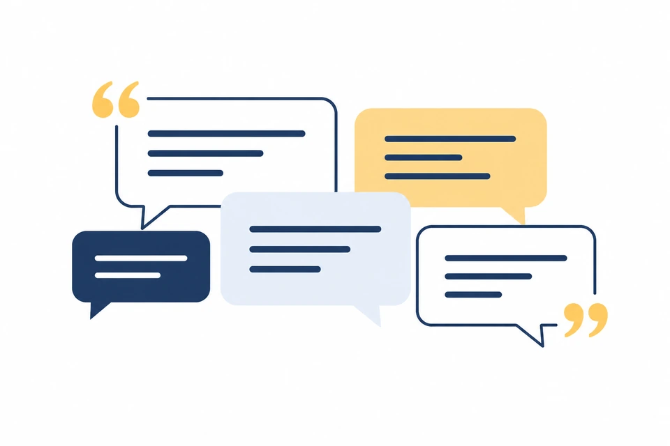Overlapping navy, pale blue and amber speech panels containing simple lines, representing several voices in an expert conversation.