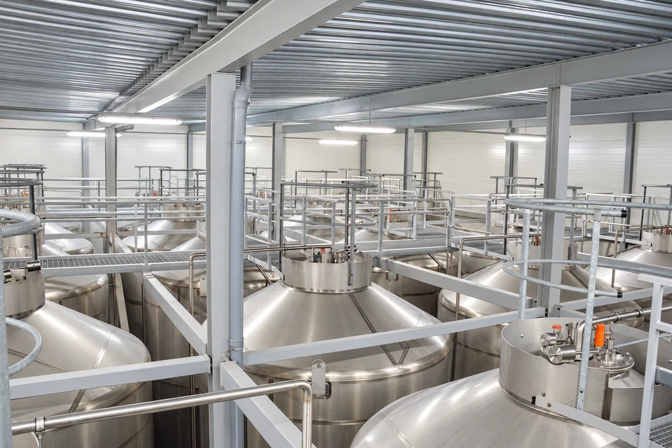 Rows of stainless-steel fermentation vessels beneath service walkways in an industrial brewing hall.