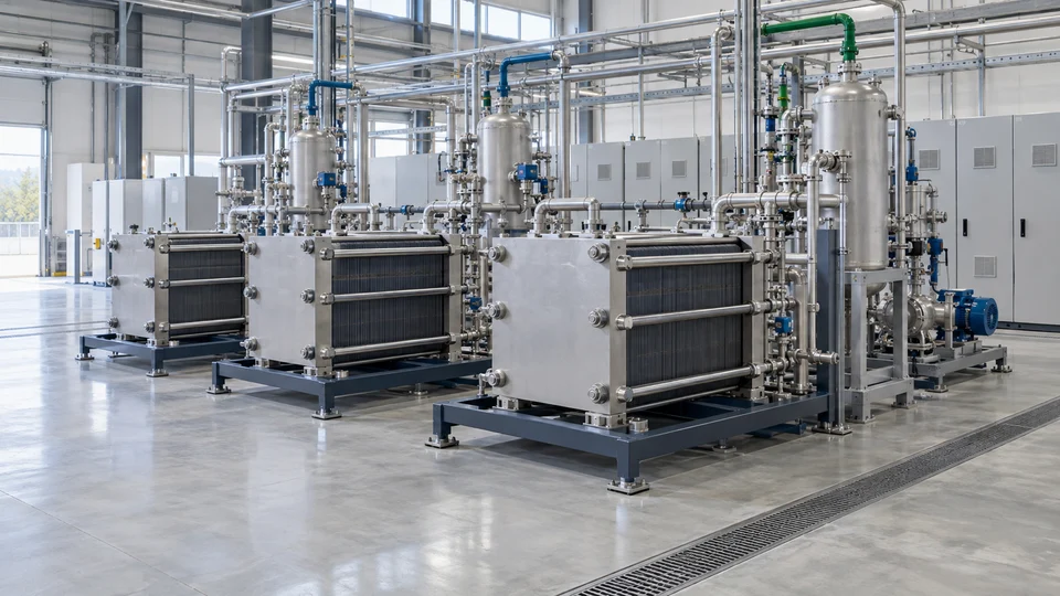 Generated illustration of modern modular electrolysis stacks and adjacent process auxiliaries.