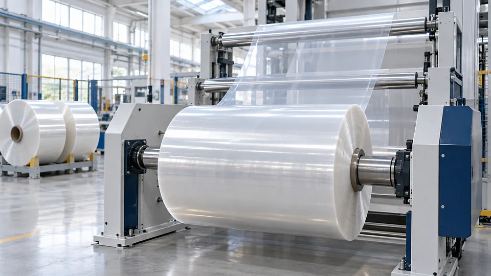 Generated illustration of a large clear packaging-film roll on a supported converting-line spindle.