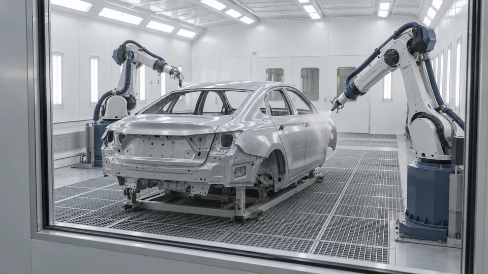 Generated illustration of a modern robotic paint booth around an unbranded car body shell.