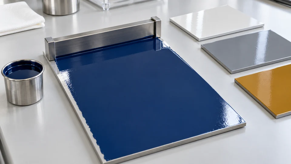 Generated illustration of a blue coated test panel, drawdown applicator and unbranded paint sample.