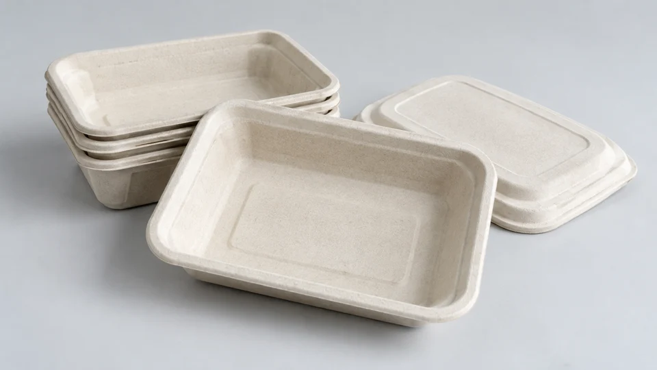 Generated illustration of unbranded molded-fiber food trays and matching lids.