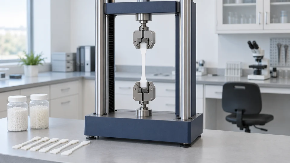 Generated illustration of a polymer dogbone specimen held in a laboratory tensile-testing machine.