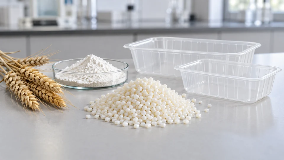 Generated conceptual still life of wheat, starch powder, polymer pellets and formed packaging.