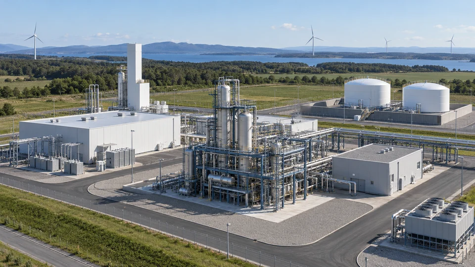 Generated concept illustration of electrolysis, nitrogen supply, ammonia synthesis and storage with distant wind turbines.